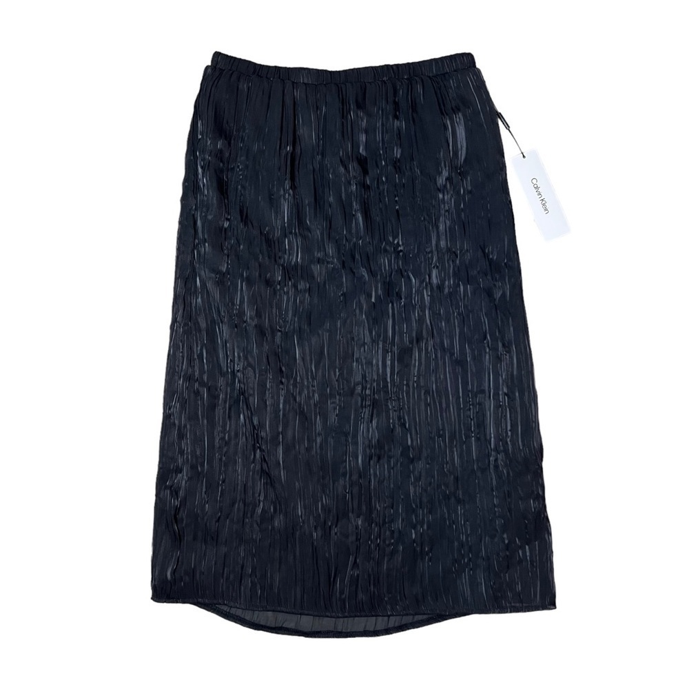 Calvin Klein Pleated Skirt Black Metallic Midi Elastic Waist Work Office Medium